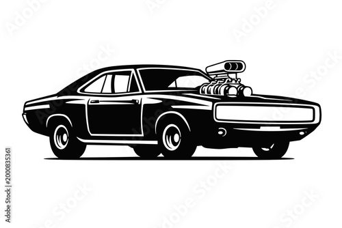 Vintage supercharged muscle car vector illustration, classic retro drag racing coupe silhouette, black and white automotive graphic for garage t-shirt and poster design