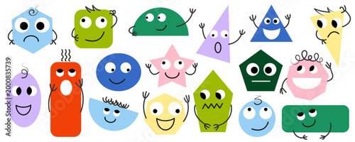 Character doodle face with geometric shape form and simple set abstract. Retro illustration vector with school cartoon education and child happy smile. Color kid character with graphic eye.