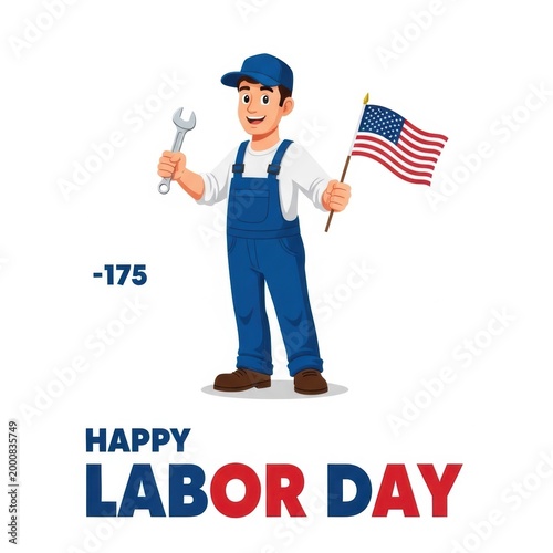 Happy labor day illustration featuring a friendly repairman holding a metal wrench and a small american flag
