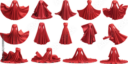Red fabric drapery collection vector illustration, showing flowing cloth folds, elegant curtain shapes, luxury texture design elements, suitable for stage design concepts, fashion inspiration, 