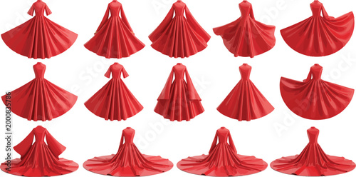 Red fabric drapery collection vector illustration, featuring smooth flowing textile movement, detailed folds, artistic curtain styling, luxury visual composition, ideal for stage decoration, 