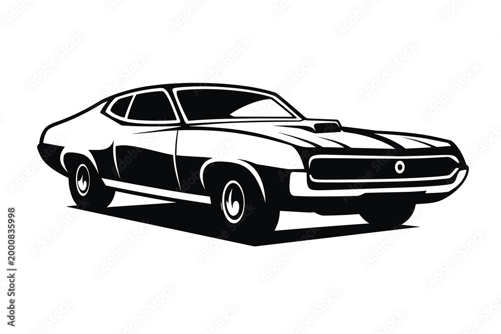 Obraz premium Vintage muscle car vector illustration, classic retro American sports coupe silhouette, black and white automotive graphic for garage t-shirt and poster design