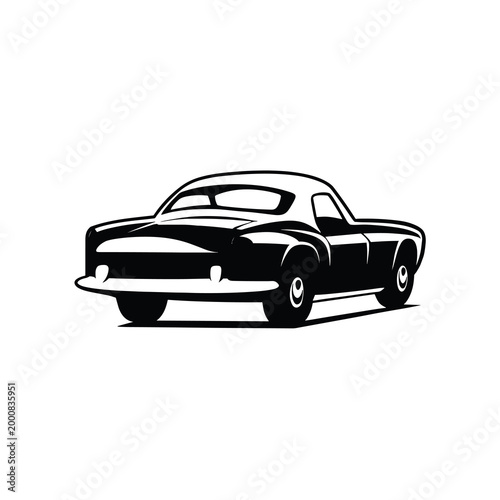 Vintage classic coupe car rear view vector illustration, retro luxury automobile silhouette, black and white automotive graphic for garage t-shirt and poster design