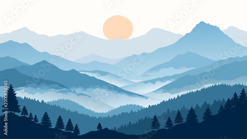 Sunrise over mountains with pine trees.
