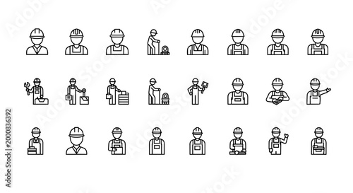 Collection of diverse construction workers icons in a uniform line art style, representing various professions and tools