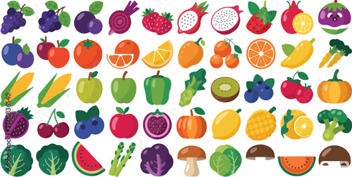 Fotografía Large mega set of juicy cartoon fruits and vegetables healthy food concept brigh