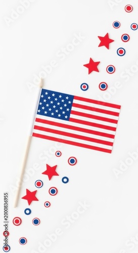 American flag illustration with floating red stars and blue circles for patriotic holiday celebration design