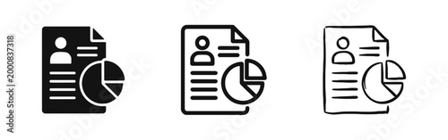 Personal profile document icon with pie chart for data analysis and statistics in various styles