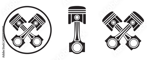 Piston engine icon set, black and white mechanical engine silhouettes, automotive engineering symbols