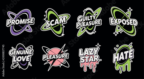 Trendy Y2K aesthetic space planet icons with emotional words like promise scam and lazy star in retro street style vector illustration