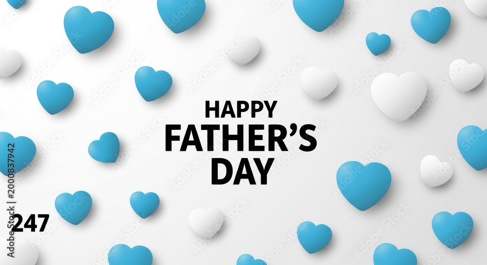 Fototapeta premium Happy fathers day greeting card design with many blue hearts pattern and bold black text on a light background