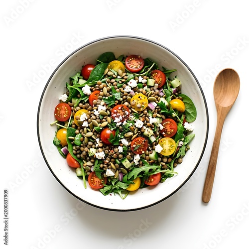 Healthy and vibrant lentil salad overflowing with fresh cherry tomatoes crisp cucumber creamy feta