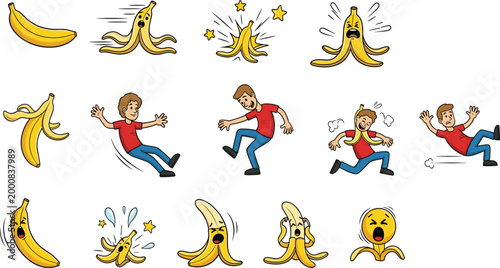 Funny Banana Peel Slip and Fall Vector Icon Set Featuring Cartoon Characters, Peel Emoticons, and Accidental Trip Hazards for Humorous Content and Warning Signs