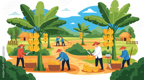 Banana Plantation Harvest Vector Illustration Featuring Farmers Working in Tropical Fields with Palm Trees, Baskets of Fruit, and Rural Village Scenery