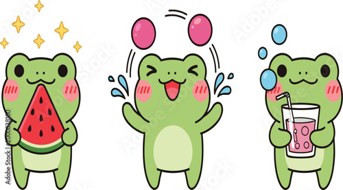 Set of Cute Kawaii Frog Character Vector Illustrations Eating Watermelon Juggling and Drinking Juice for Children’s Stickers Summer Graphics and Fun Animal Themed Designs