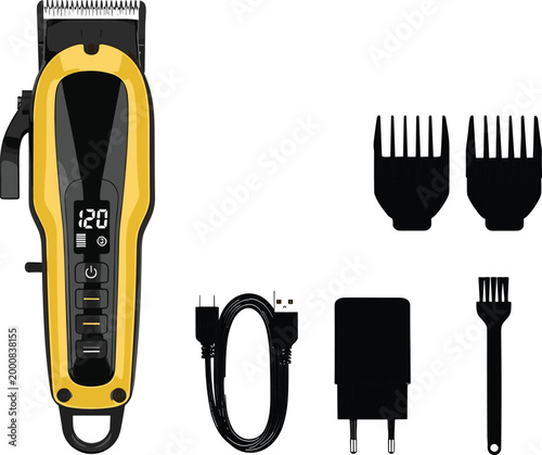 Professional Cordless Electric Hair Clipper Set with Digital Display and Accessories for Barber Shop Grooming Salon Equipment and Personal Male Care Product Illustration