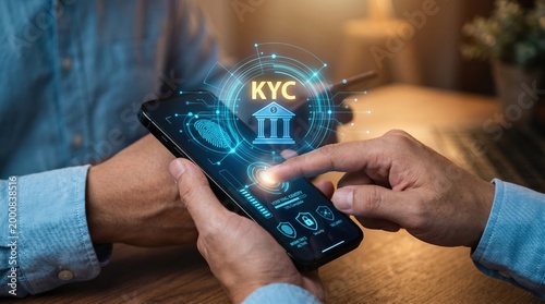 Schilderij op canvas Kyc identity verification process on a smartphone screen with glowing icons know