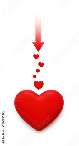 Red arrow pointing down towards a large heart shape with many small floating hearts for love and romance theme