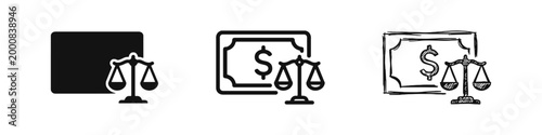 Financial justice and law icon featuring dollar bill with scales of balance in three different styles