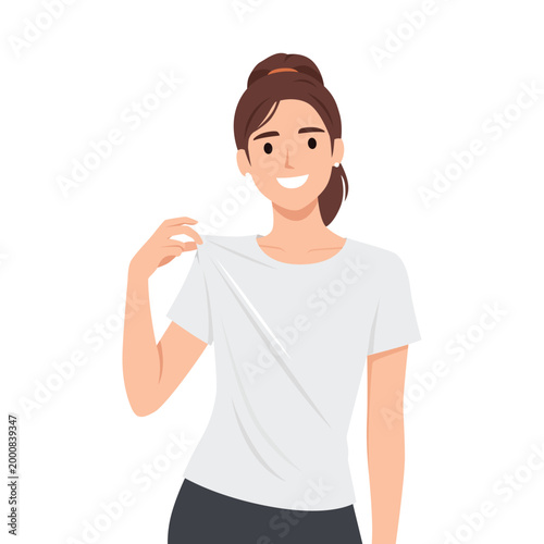 Smiling Woman Wearing Blank White T Shirt Mockup. Flat vector illustration isolated on white background