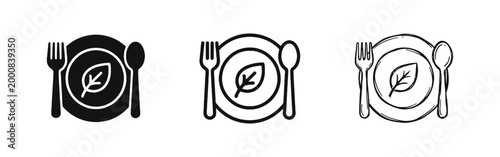 Healthy vegan dining icon with plate, fork, spoon, and leaf symbol in solid and outline styles