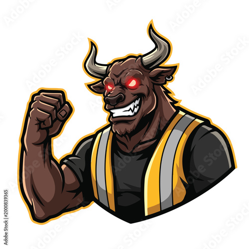 Bull Demon with Glowing Red Eyes and Safety Vest