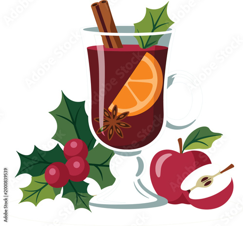Professional vector illustration of a glass of warm mulled wine garnished with an orange slice, star anise, and cinnamon sticks, accompanied by holly berries and a sliced red apple.