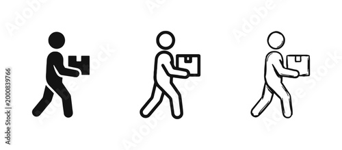 Delivery person carrying cardboard box icon representing logistics and shipping services