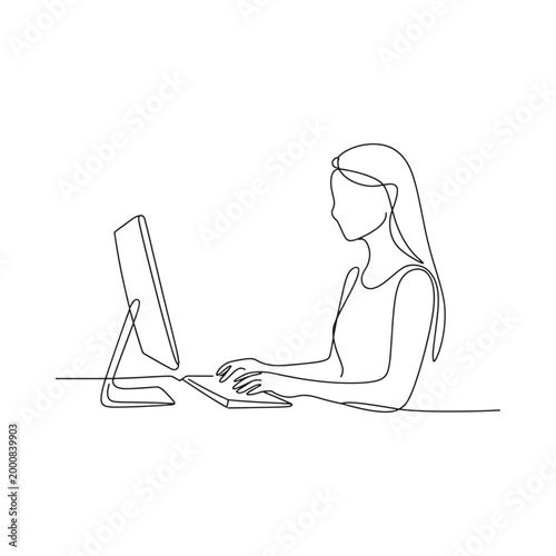 Woman Working On Computer Continuous Line Drawing