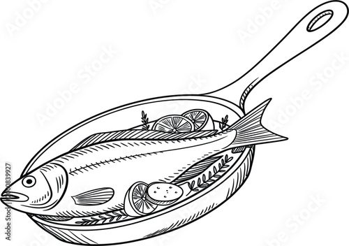 Professional vector line art illustration of a whole fish prepared with lemon slices and herbs in a long-handled skillet.