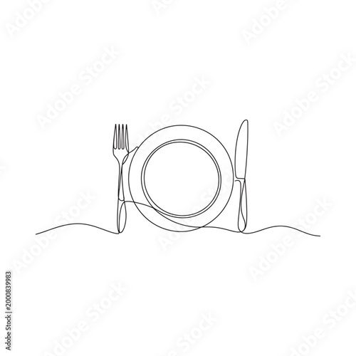 Line drawing of plate fork and knife on white background