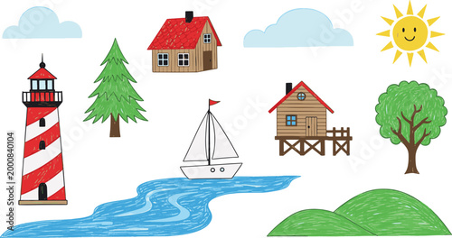 Hand drawn landscape icons set with lighthouse cabin pine tree sailboat sun clouds and hills on white background vector illustration