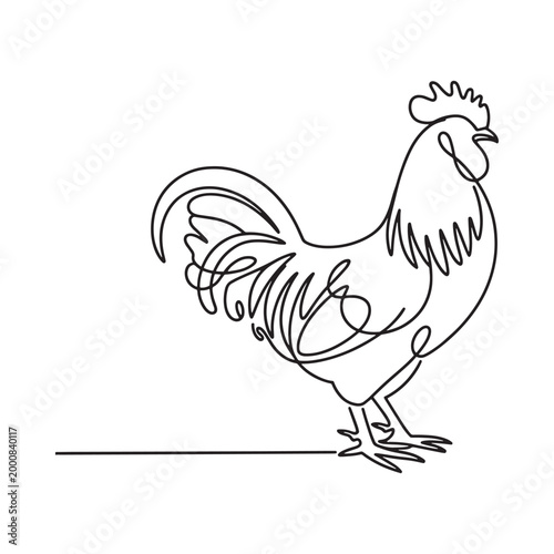 Rooster drawing continuous line art on white background