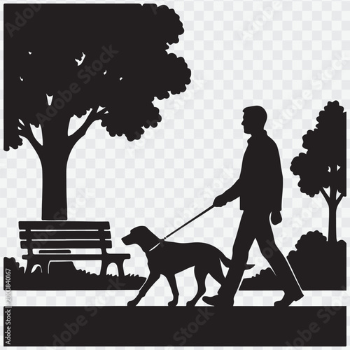 Silhouette of a man walking a dog. Pet care campaigns, outdoor activity promotions
