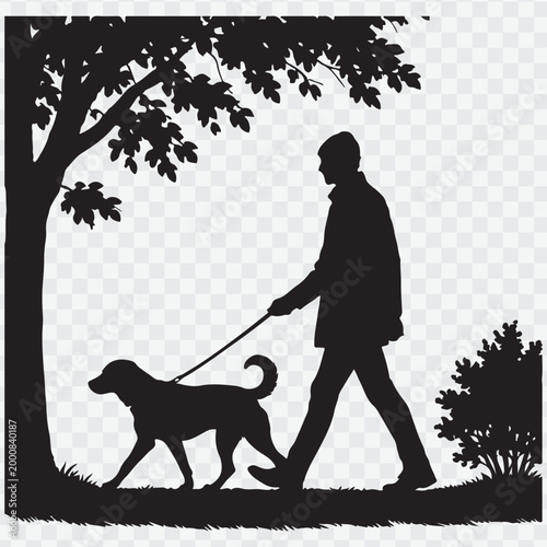 Silhouette of a man walking a dog. Pet care campaigns, outdoor activity promotions