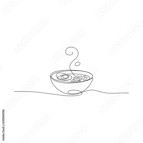 Bowl of ramen with steam continuous line drawing on white background