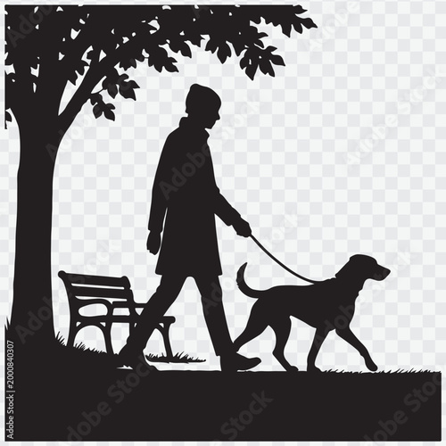Silhouette of a man walking a dog. Pet care campaigns, outdoor activity promotions