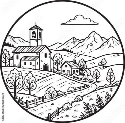 Village landscape with church and mountains  serene countryside scene