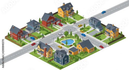 Φωτογραφία Suburban Neighborhood Street View with Houses and Cars.