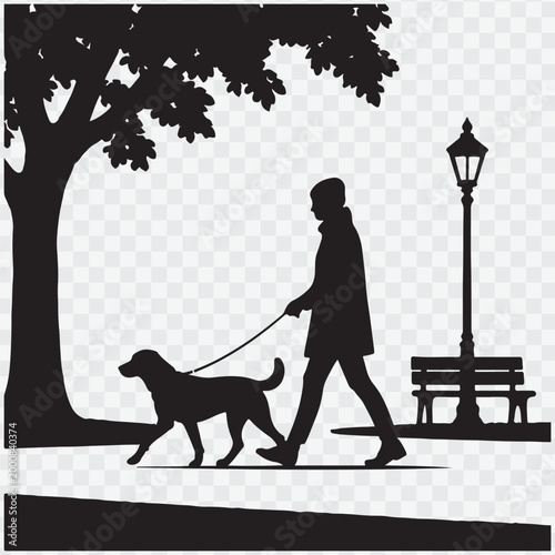 Silhouette of a man walking a dog. Pet care campaigns, outdoor activity promotions