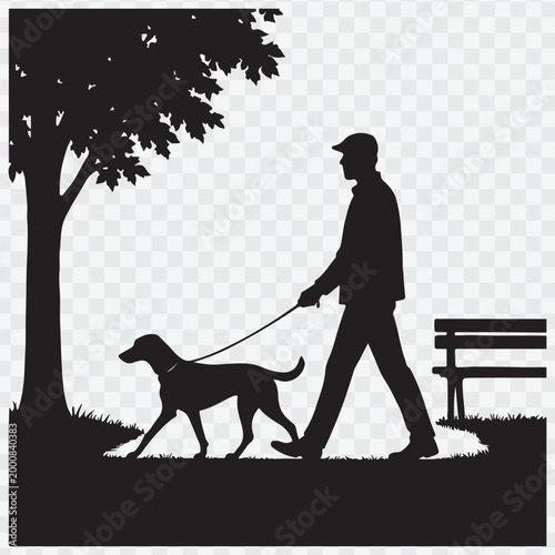 Silhouette of a man walking a dog. Pet care campaigns, outdoor activity promotions