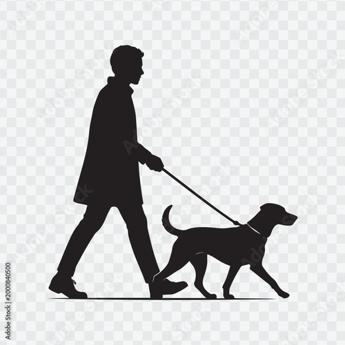 Silhouette of a man walking a dog. Pet care campaigns, outdoor activity promotions