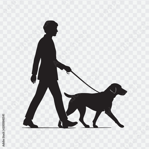 Silhouette of a man walking a dog. Pet care campaigns, outdoor activity promotions