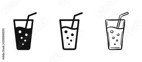 Fizzy drink glass with straw icon set in three different artistic variations