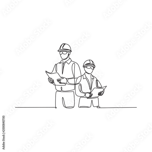 Line drawing of two construction workers reviewing blueprints on white background
