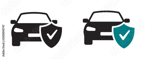Car safety protection icon set, shield checkmark automotive security symbols, vehicle protection and insurance concept