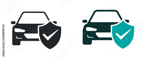 Car safety protection icon set, shield checkmark automotive security symbols, vehicle protection and insurance concept
