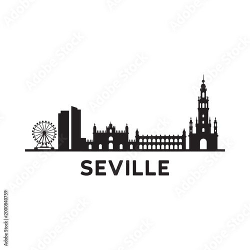 Seville Skyline Silhouette With Landmarks And City Name