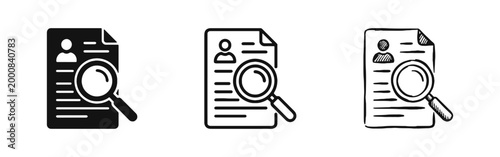 Job search resume with magnifying glass icon set for recruitment and hiring