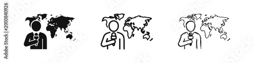News reporter with microphone and world map icon set in three styles